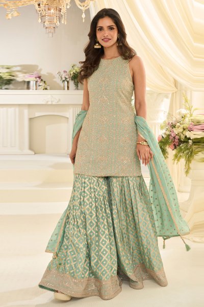 Mint Green Georgette Embroidered Sharara Kurta Set