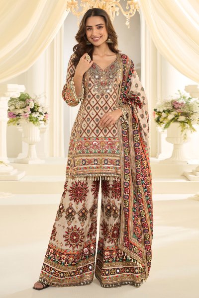 Ivory & Multicolor Crepe Silk Printed & Hand Embroidered Sharara Kurta Set