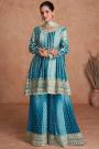 Blue Chinon Silk Embroidered Kurta Set With Sharara