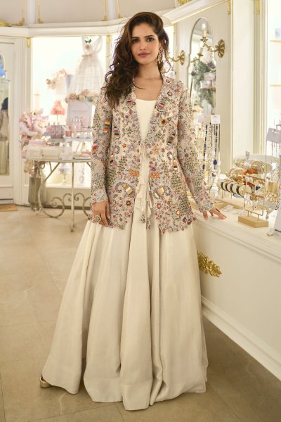 Ivory Silk Anarkali Gown With Embroidered Jacket