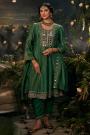 Emerald Green Silk Embroidered Short Anarkali With Pants & Dupatta