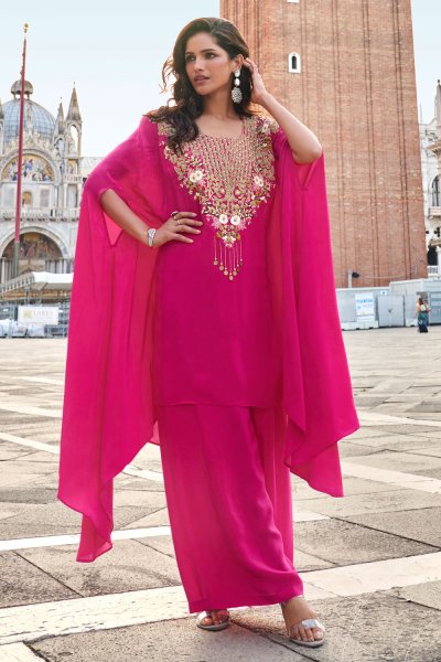 Fuchsia Pink Chinon Silk Embroidered Kaftan Kurta With Pants