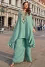 Mint Green Chinon Silk Embroidered Kaftan Kurta With Pants