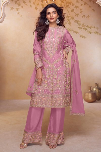 Pink Chinon Silk Hand Embroidered Kurta Set