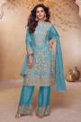 Turquoise Blue Chinon Silk Hand Embroidered Kurta Set