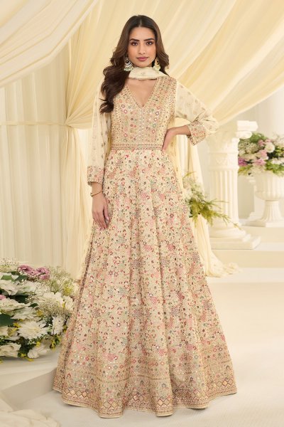 Ivory Georgette Embroidered Anarkali Dress With Dupatta
