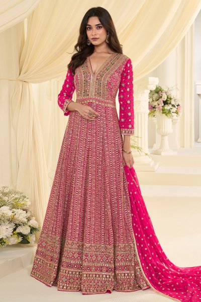 Fuchsia Pink Georgette Embroidered Anarkali Dress With Dupatta