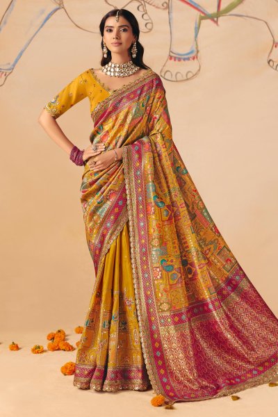 Mustard Yellow Silk Zari Woven & Embroidered Saree With Blouse