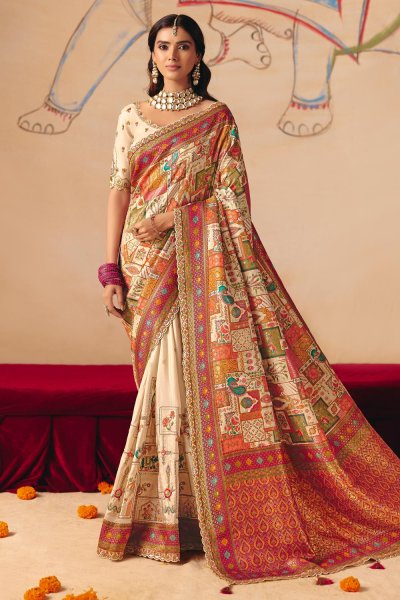 Ivory Silk Zari Woven & Embroidered Saree With Blouse