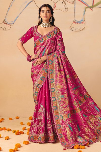 Rani Pink Silk Zari Woven & Embroidered Saree With Blouse