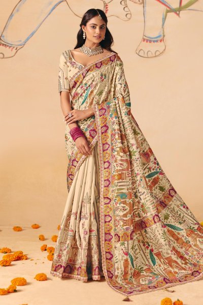 Cream Silk Zari Woven & Embroidered Saree With Blouse