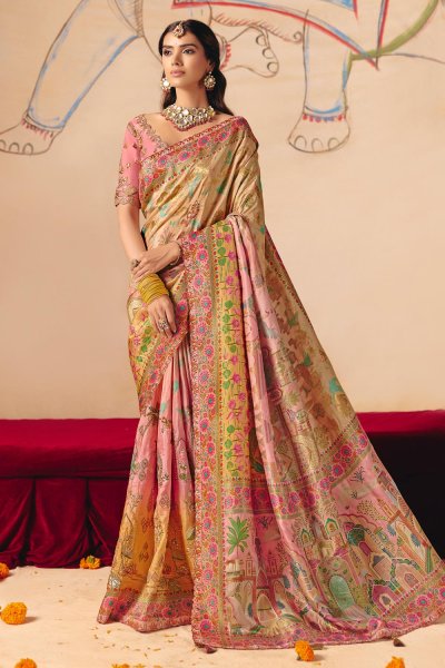 Multicolor Silk Zari Woven & Embroidered Saree With Blouse