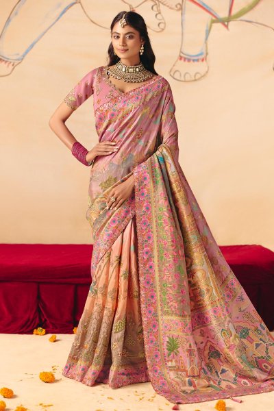 Peach Pink Silk Zari Woven & Embroidered Saree With Blouse