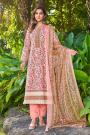Peach Printed & Laced Cotton Kurta Set With Chiffon Dupatta