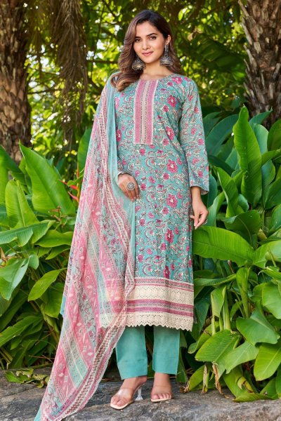 Aqua Printed & Laced Cotton Kurta Set With Chiffon Dupatta