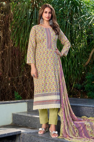 Olive Green Printed & Laced Cotton Kurta Set With Chiffon Dupatta Olive Green Printed & Laced Cotton Kurta Set With Chiffon Dupatta