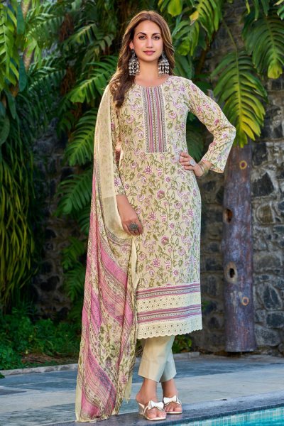 Cream Printed & Laced Cotton Kurta Set With Chiffon Dupatta Cream Printed & Laced Cotton Kurta Set With Chiffon Dupatta