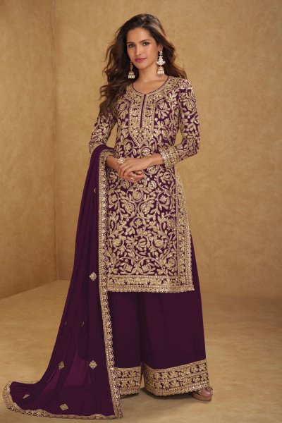 Plum Georgette Embroidered Kurta Set Plum Georgette Embroidered Kurta Set