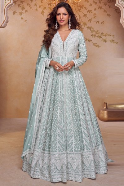 Soft Blue Chinon Silk Embroidered Anarkali Dress With Dupatta Soft Blue Chinon Silk Embroidered Anarkali Dress With Dupatta