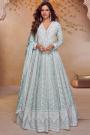 Soft Blue Chinon Silk Embroidered Anarkali Dress With Dupatta