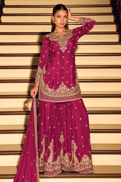 Magenta Pink Chinon Silk Embroidered Sharara Kurta Set Magenta Pink Chinon Silk Embroidered Sharara Kurta Set