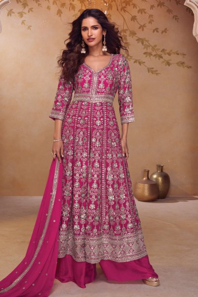 Fuchsia Pink Chinon Silk Embroidered Front Slit Ananrkali With Palazzo & Dupatta