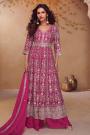 Fuchsia Pink Chinon Silk Embroidered Front Slit Ananrkali With Palazzo & Dupatta