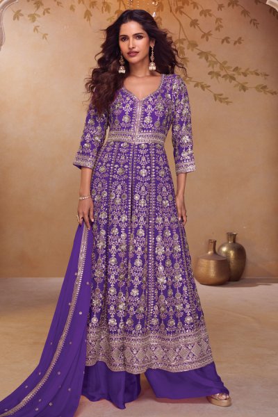 Purple Chinon Silk Embroidered Front Slit Ananrkali With Palazzo & Dupatta
