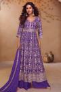 Purple Chinon Silk Embroidered Front Slit Ananrkali With Palazzo & Dupatta