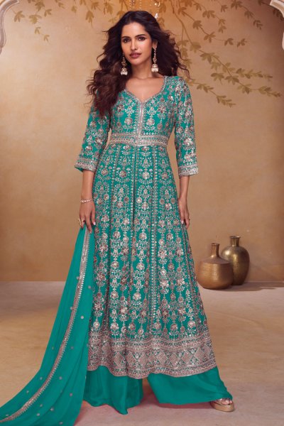 Turquoise Green Chinon Silk Embroidered Front Slit Ananrkali With Palazzo & Dupatta Turquoise Green Chinon Silk Embroidered Front Slit Ananrkali With Palazzo & Dupatta
