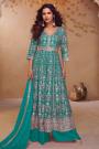 Turquoise Green Chinon Silk Embroidered Front Slit Ananrkali With Palazzo & Dupatta