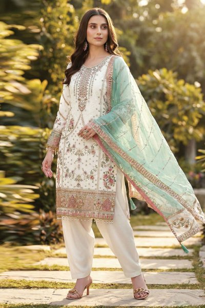 Ivory & Turquoise Georgette Embroidered Kurta Set Ivory & Turquoise Georgette Embroidered Kurta Set