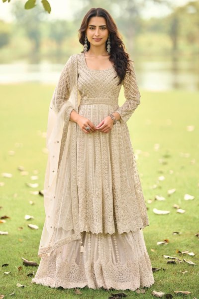 Ivory Net Embroidered Anarkali Dress With Palazzo & Dupatta Ivory Net Embroidered Anarkali Dress With Palazzo & Dupatta