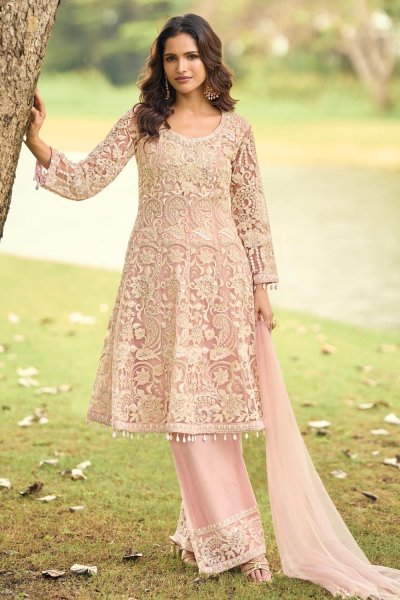 Blush Pink Net Embroidered A-line Anarkali Dress With Palazzo & Dupatta Blush Pink Net Embroidered A-line Anarkali Dress With Palazzo & Dupatta