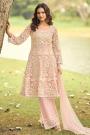 Blush Pink Net Embroidered A-line Anarkali Dress With Palazzo & Dupatta