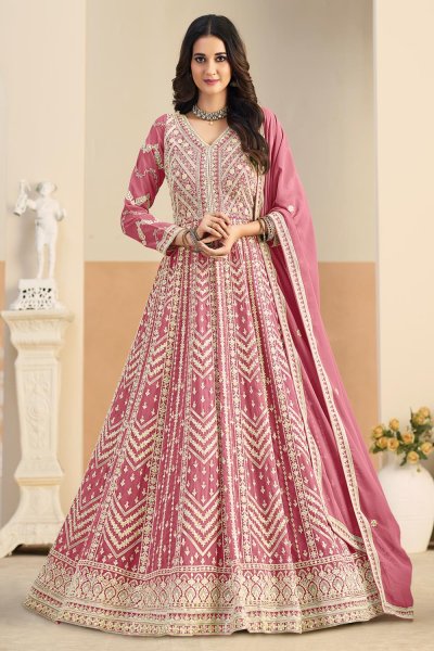 Rose Pink Georgette Embroidered Anarkali Dress With Bottom & Dupatta Rose Pink Georgette Embroidered Anarkali Dress With Bottom & Dupatta