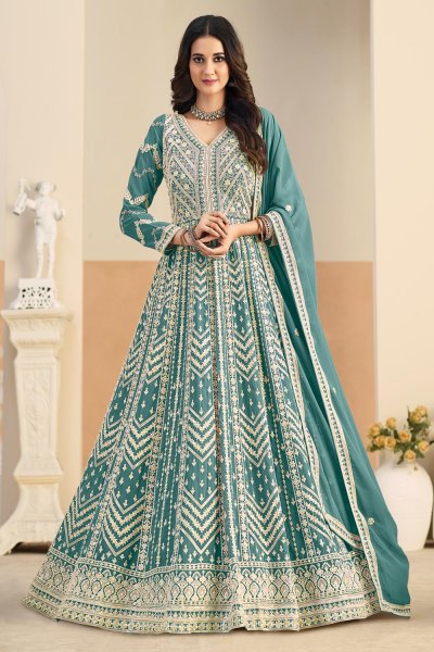 Teal Green Georgette Embroidered Anarkali Dress With Bottom & Dupatta Teal Green Georgette Embroidered Anarkali Dress With Bottom & Dupatta