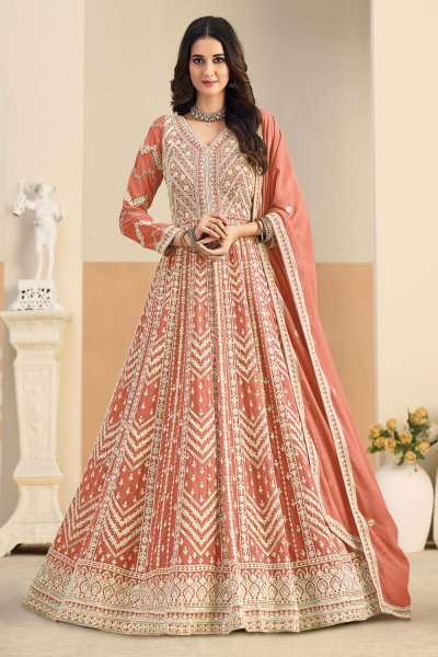 Coral Peach Georgette Embroidered Anarkali Dress With Bottom & Dupatta Coral Peach Georgette Embroidered Anarkali Dress With Bottom & Dupatta