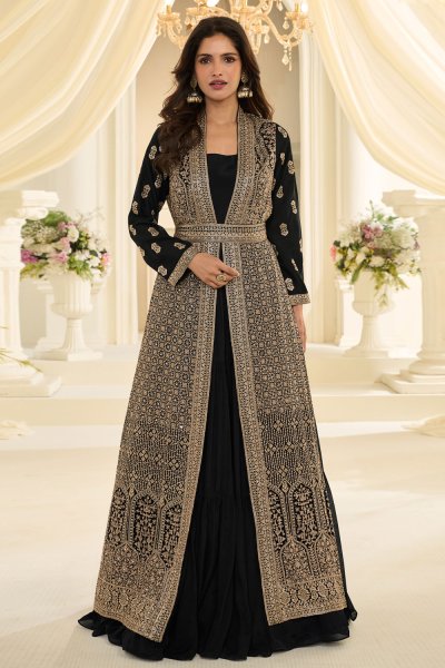 Black Chinon Silk Embroidered Long Jacket With Dress & Belt Black Chinon Silk Embroidered Long Jacket With Dress & Belt