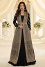 Black Chinon Silk Embroidered Long Jacket With Dress & Belt