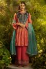 Coral Organza Silk Embroidered Flared Kurta Set