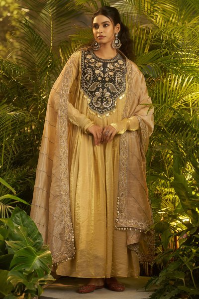 Golden Beige Organza Silk Embroidered Anarkali Set Golden Beige Organza Silk Embroidered Anarkali Set