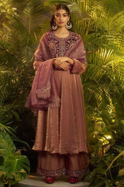 Mauvey Rose Organza Silk Embroidered Anarkali Set
