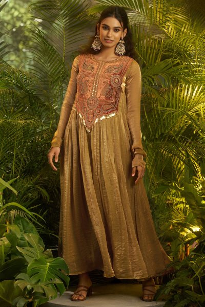 Olive Gold Organza Silk Embroidered Anarkali Dress