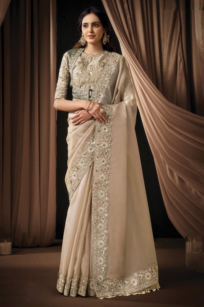 Pre-Draped Ivory Zari, Organza, & Satin Silk Embroidered Saree With Blouse & Rajwadi Koti