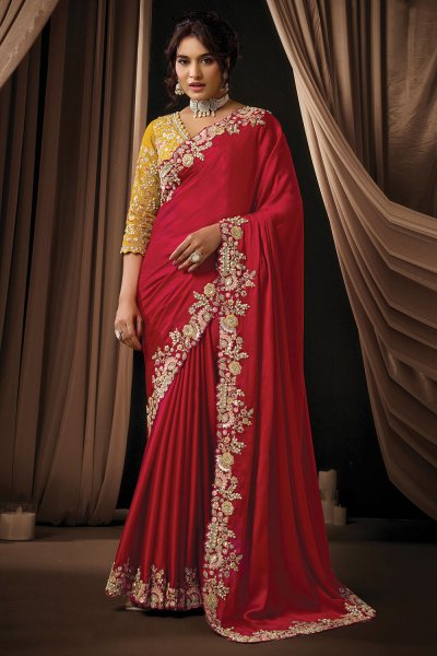 Red Satin Silk Embroidered Saree With Blouse Red Satin Silk Embroidered Saree With Blouse