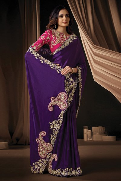 Purple Silk Embroidered Saree With Blouse Purple Silk Embroidered Saree With Blouse