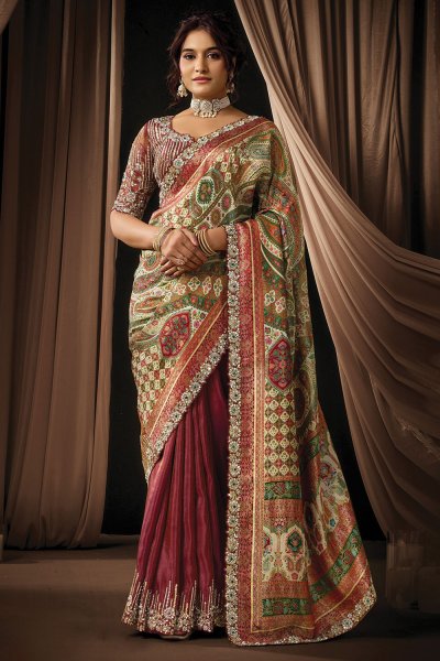 Multicolor Satin & Silk Embroidered & Zari Woven Saree With Blouse