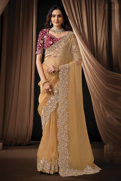 Golden Yellow Organza Tissue Silk Embroidered Saree With Blouse