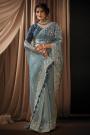 Ice Blue Organza Silk & Satin Embroidered Saree With Blouse
